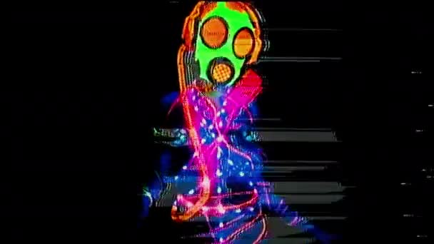 Mujer Vestida Con Máscara Gas Fluorescente Bailando Con Efecto Glitch — Vídeos de Stock