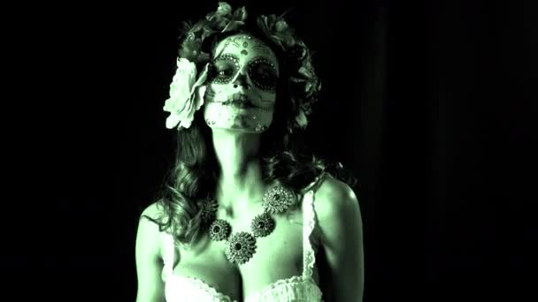 Beautiful Woman Custom Designed Candy Skull Mexican Day Dead Face — Stock Video