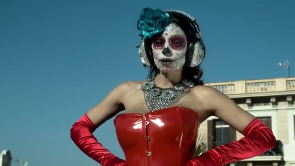 Beautiful Woman Custom Designed Candy Skull Mexican Day Dead Face — Stock Video