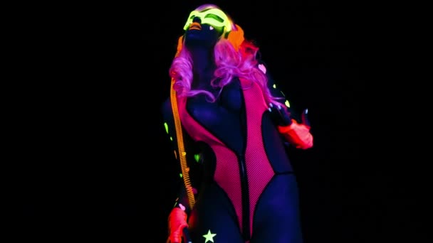 Female Disco Dancer Posing Fluorescent Costume — Stock Video