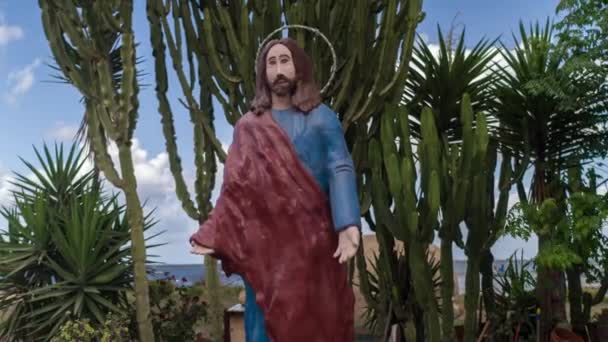 Duży Posąg Jezusa Słonecznym Oceanie Plaża Dowcip Zielone Palmy Kaktusy — Wideo stockowe