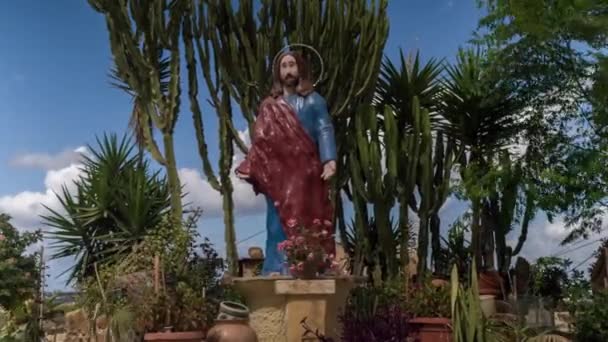 Estátua Grande Jesus Praia Ensolarada Oceano Sagacidade Palmas Verdes Cactos — Vídeo de Stock