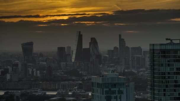Západ Slunce Časová Prodleva Londýnské City Mrakodrapy Úžasné Slunečních Paprsků — Stock video