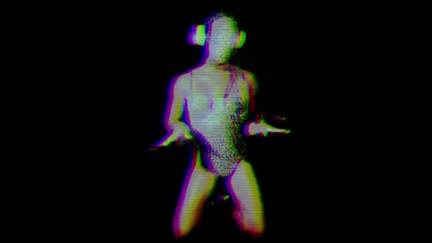 ヘッドフォンで膝の上で踊るきらめくランジェリーで抽象的な顔のない女性 — ストック動画