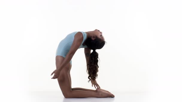 Woman Doing Stretching Gymnastic Exercises White Background — Stock Video