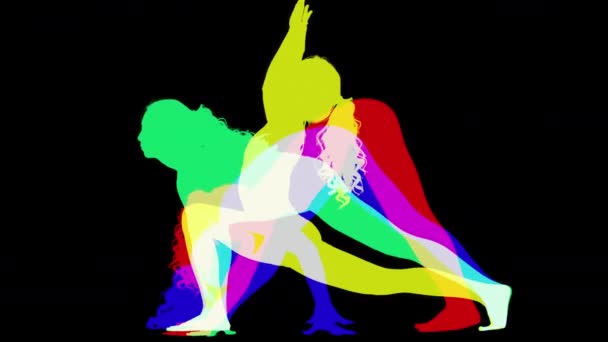 Σιλουέτα Του Θηλυκό Κάνει Ασκήσεις Στο Πολύχρωμο Αφηρημένα Σχήματα — Αρχείο Βίντεο