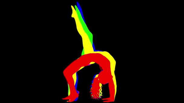 Silhouet Van Vrouwelijke Yoga Instructeur Doen Oefeningen Kleurrijke Abstracte Vormen — Stockvideo