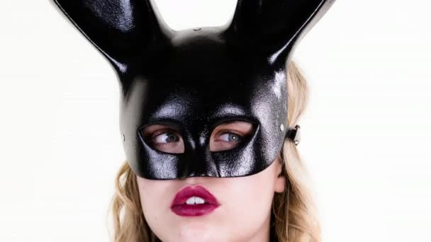 Portrait Young Sexy Woman Large Bunny Ears Mask — Stock Video