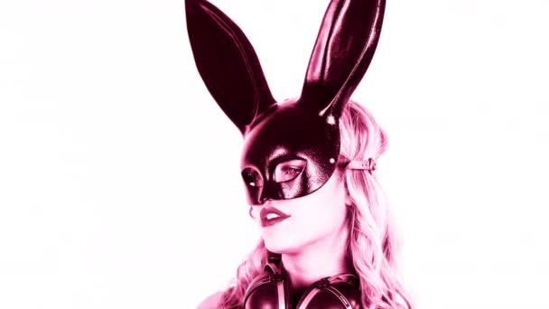 Portrait Young Sexy Woman Large Bunny Ears Mask — Stock Video