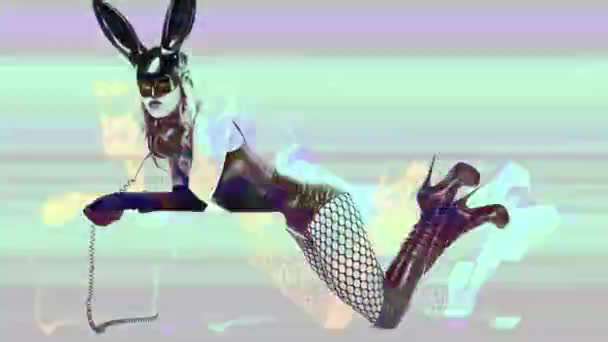 Сексуальная Женщина Движется Маской Кролика Черным Латексным Телом — стоковое видео