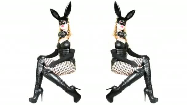 Sexy Woman Moving Bunny Ears Mask Black Latex Body — Stock Video