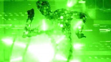Yeşil arka plan üzerinde hareketli disko topu kıyafetli dansçı