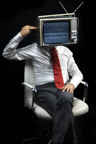 Smart Businessman Television Head Shooting Himself Head His Fingers — Stock Photo, Image