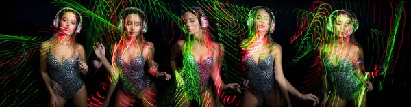 Vacker Sexig Kvinnlig Dansare Med Hörlurar Disco Scen Med Overlayed — Stockfoto