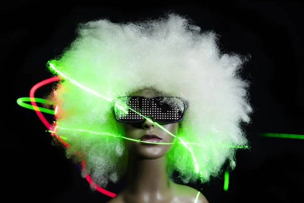 Mannequin Sunglasses Laser Lights Black Background — Stock Photo, Image