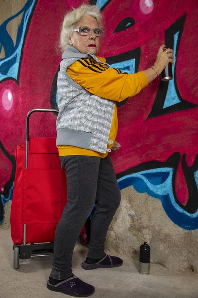 Harika isyancı büyükanne duvar yazısı sanatçısı şehir duvarına karşı