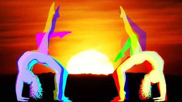 Amazing Female Yoga Instructor Made Colorful Abstract Pattern Beautiful Sunset — 스톡 사진