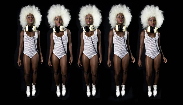 Sequence Set Beautiful African Woman Afro Wig Dancing White Lingerie — Stock Photo, Image