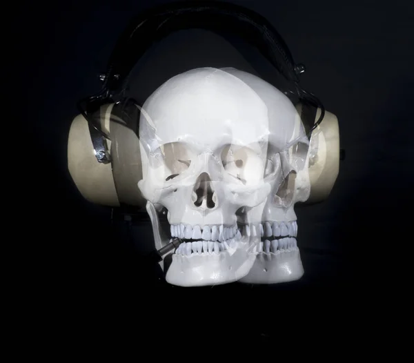Gros Plan Crâne Avec Écouteurs Sur Fond Noir — Photo