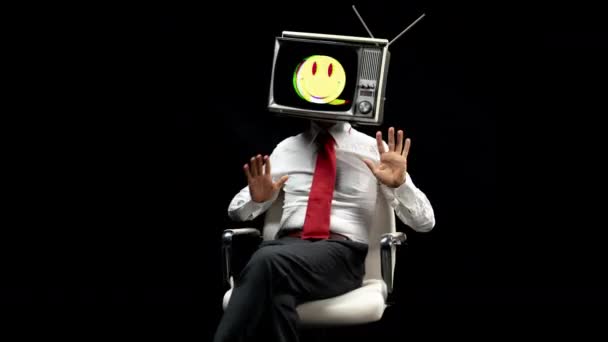 Man Television Head Black Background — Stock Video