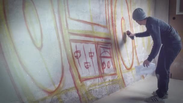 Artista Desenho Boombox Graffiti Parede Concreto — Vídeo de Stock