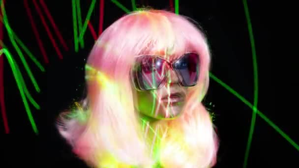 Mannequin Head Sunglasses Wig Neon Lights — Stock Video