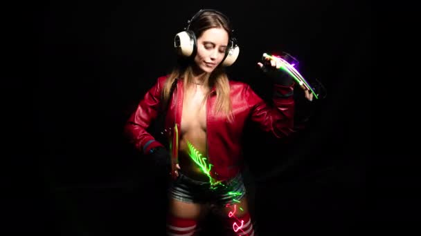 Woman Vintage Headphones Dancing Neon Lights — Stock Video