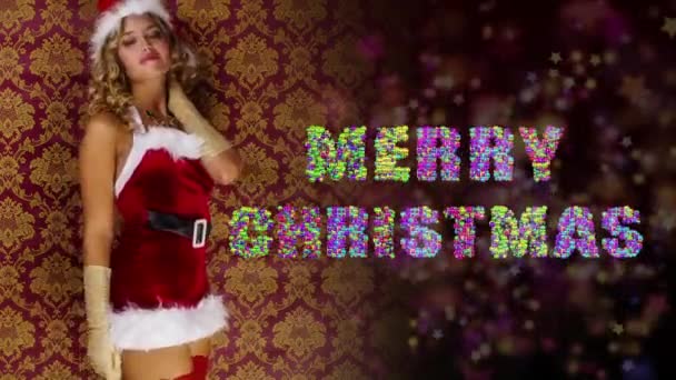 Woman Dancing Santa Claus Costume Merry Christmas Text — Stock Video