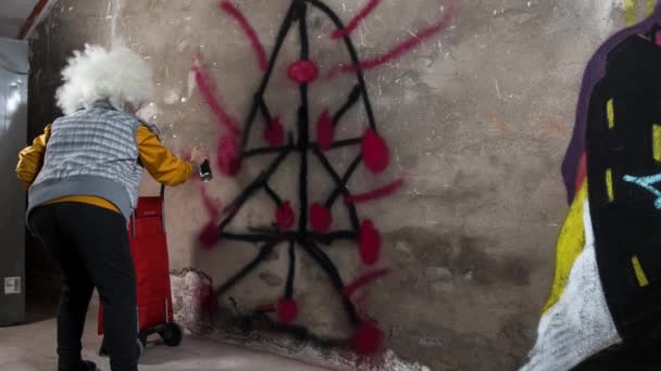 Senior Kvinna Peruk Ritning Graffiti Väggen — Stockvideo