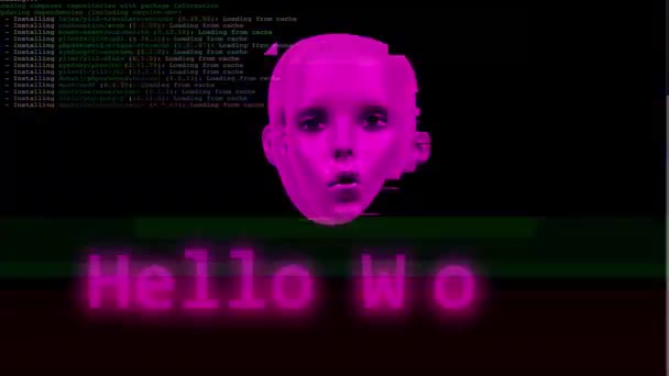 Мультипликационные Выражения Лица Манекеновой Головы Компьютерного Сообщения Hello World — стоковое видео