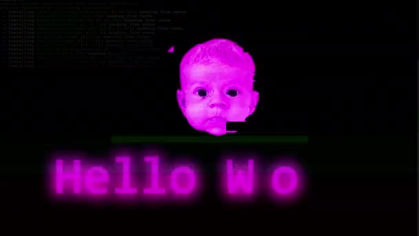 Ciao Mondo Astratto Video Bambino Bambino Movimento Testa Con Glitch — Video Stock