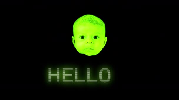 Hola Mundo Abstracto Video Bebé Cabezal Móvil Con Exagerado Glitch — Vídeo de stock