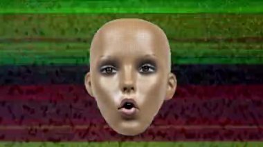 Glitch ve distorsiyon efektleri ile manken başının animasyonlu yüz ifadeleri