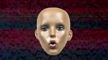 Glitch ve distorsiyon efektleri ile manken başının animasyonlu yüz ifadeleri
