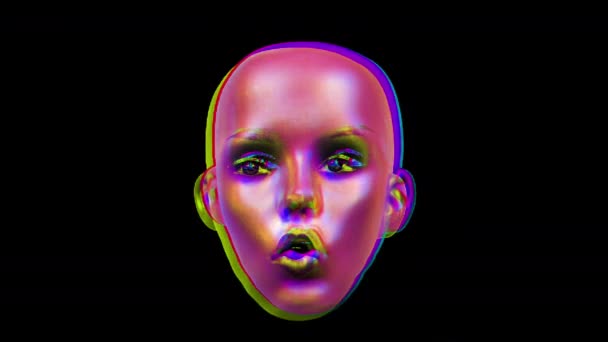 Animated Doll Head Moving Black Background Glitch Distortion Video Effects — 图库视频影像