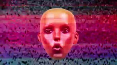 Glitch ve distorsiyon efektleri ile manken başının animasyonlu yüz ifadeleri