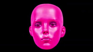Glitch ve distorsiyon efektleri ile manken başının animasyonlu yüz ifadeleri