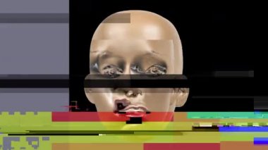 Glitch ve distorsiyon efektleri ile manken başının animasyonlu yüz ifadeleri