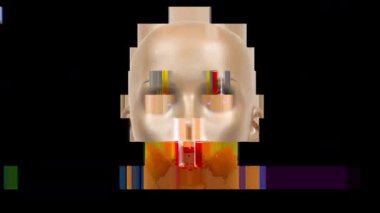 Glitch ve distorsiyon efektleri ile manken başının animasyonlu yüz ifadeleri