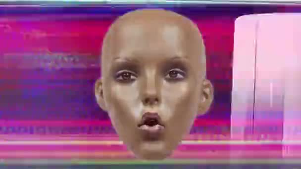 Animerade Ansiktsuttryck Skyltdocka Huvud Med Glitch Och Distorsion Effekter — Stockvideo