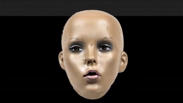 Animated Doll Head Moving Black Background Glitch Distortion Video Effects — Stock Video