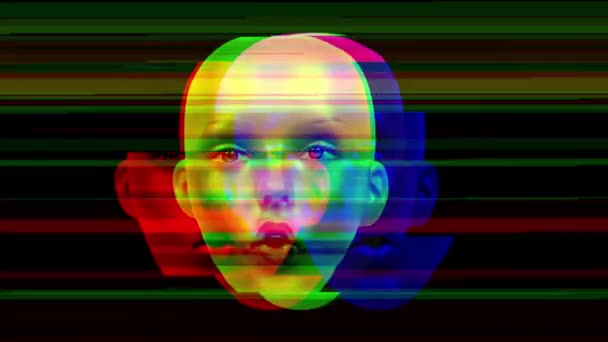 Animerade Ansiktsuttryck Skyltdocka Huvud Med Glitch Och Distorsion Effekter — Stockvideo