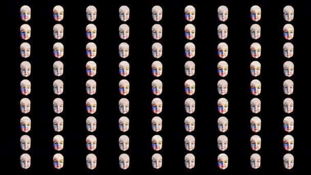 Antique Doll Heads Animated Facial Expressions Overlay Glitch Distortions — Stock Video