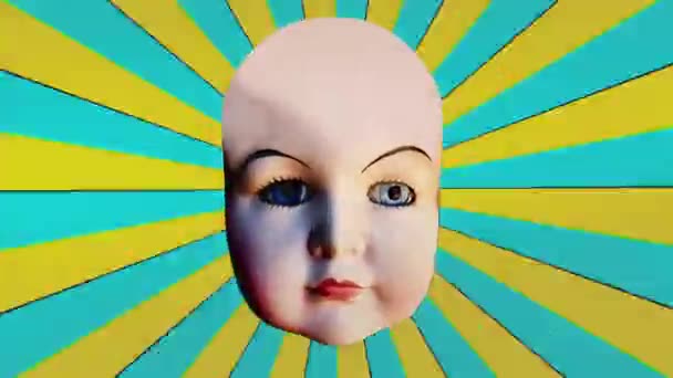 Doll Head Med Animerade Ansiktsuttryck Hypnotisk Bakgrund — Stockvideo