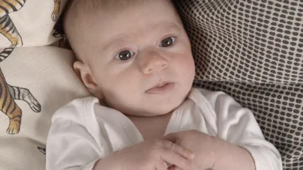 Close Bebê Menina Deitada Sofá — Vídeo de Stock