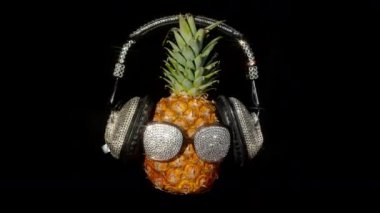 Siyah arka plan üzerinde güneş gözlüğü ve kulaklık ananas