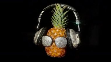 Siyah arka plan üzerinde güneş gözlüğü ve kulaklık ananas