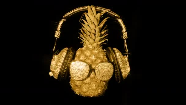 Pineapple Sunglasses Headphones Black Background — Stock Video