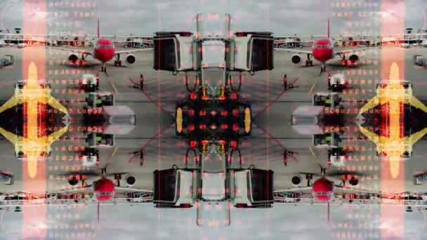 Timelapse Footage Plane Workers Vehicles Airport Mirrored Effect — Stock Video