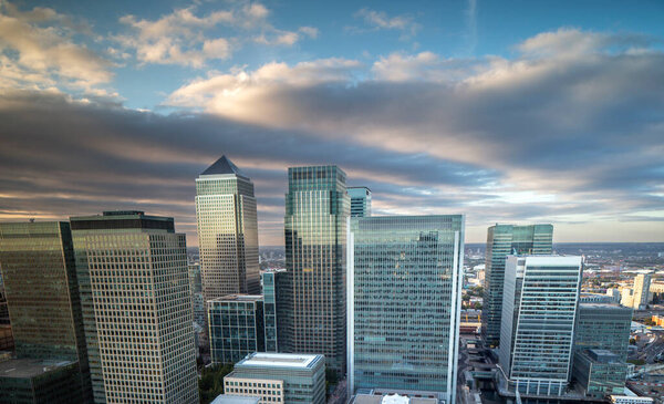Canary wharf skyscapers from a high vantage pount in london docklands